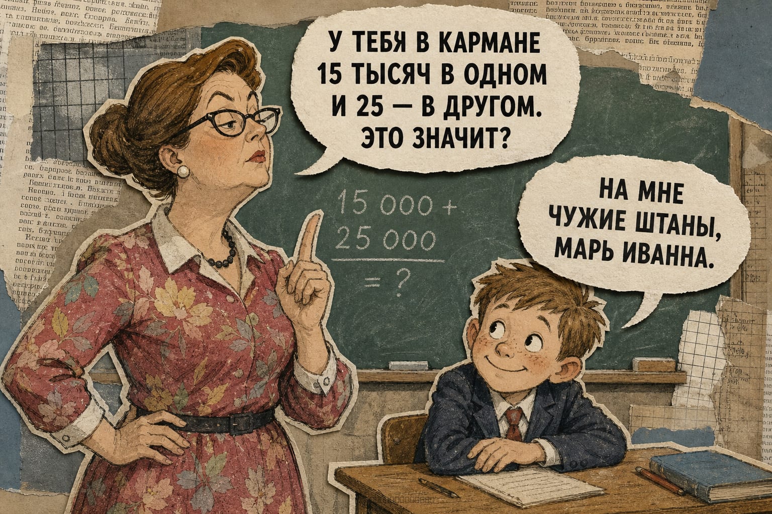 Комикс про Вовочку, Марь Иванну и деньги в карманах чужих штанов