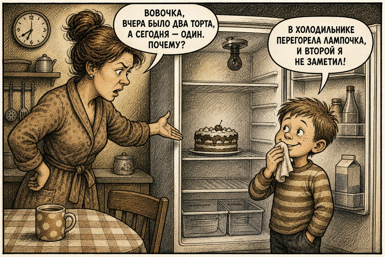 Комикс про Вовочку, маму, два торта и перегоревшую лампочку холодильника